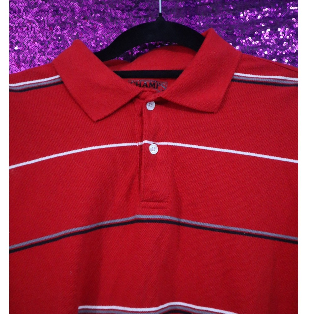 Red Polo Shirt Medium Champs Mens Striped Short Sleeve Cotton Pique